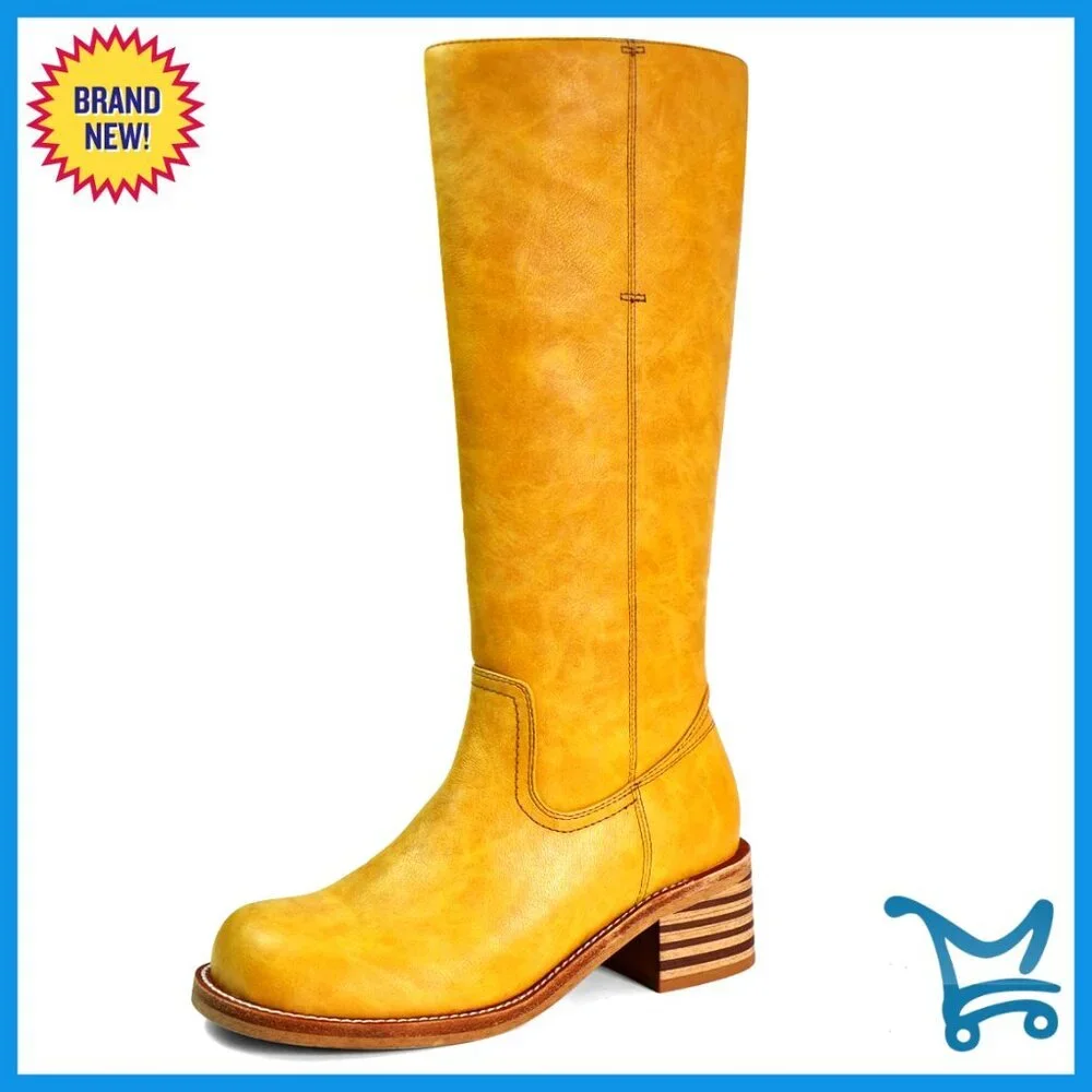 Knee High Square Toe Block Heel Faux Leather Boots Pull On